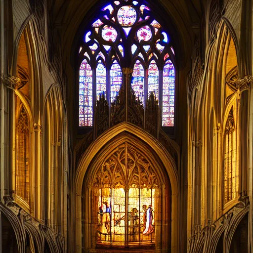Prompt: majestic view of a stained glass window in a cathedral, lightbeams shining through, subject centered in frame, extremely detailed digital matte painting
