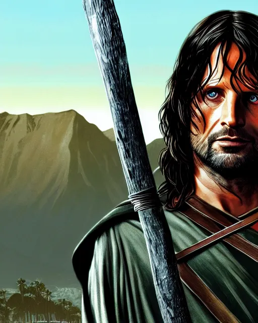 Image similar to Aragorn from Lord of the rings in GTA V, Cover art by Stephen Bliss, boxart, loading screen, 8K resolution