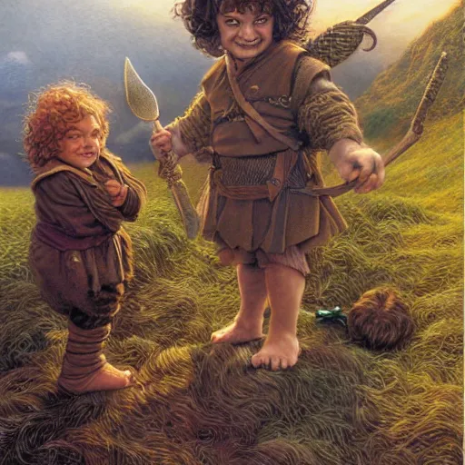 Image similar to halflings hobbits Merry and Pippin by Mark Brooks, Donato Giancola, Victor Nizovtsev, Scarlett Hooft, Graafland, Chris Moore