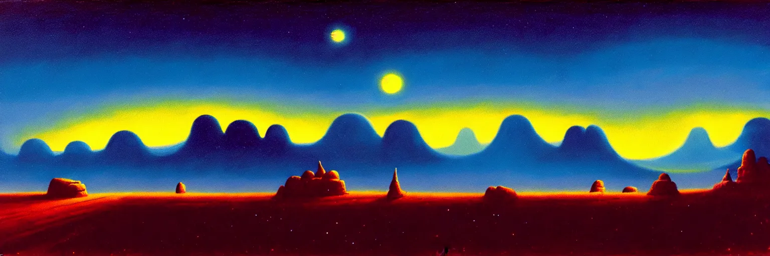 Image similar to cartoon paul lehr narrow night landscape with farawaymountains dark blue tones