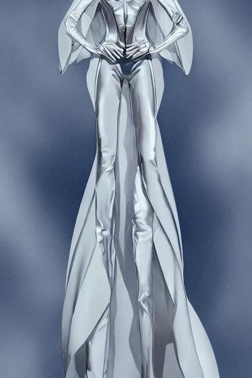 Image similar to detailed beautiful noun in opened white gold blue coat, seductive confident pose, attractive feminine curves, intricate details, futuristic, alien, elegant cape, elegant, photorealism, trending on artstation, holy halo, advanced technology, art by moebius and vitaly bulgarov and chanthara