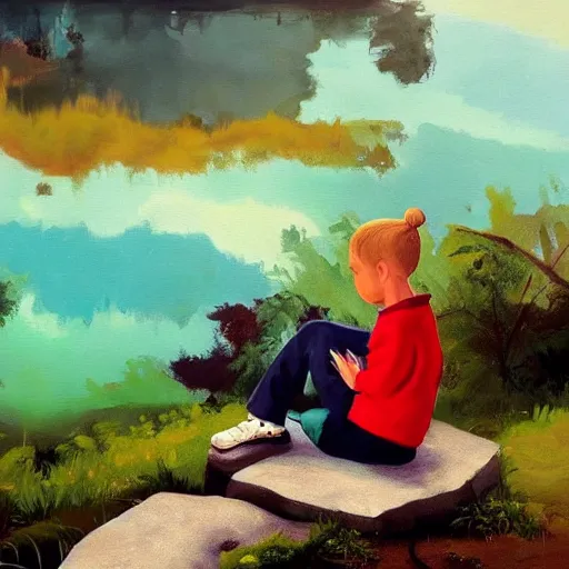 Image similar to a scenic view of a kid on a florest talking to ghost that shines near to a lake, pale light, a realistic colorful painting by Kehind Wiley, trending on artstation.