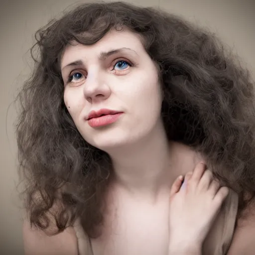 Prompt: nadine, a autistic woman, 23 years, from leipzig, photgraphy, curled hair