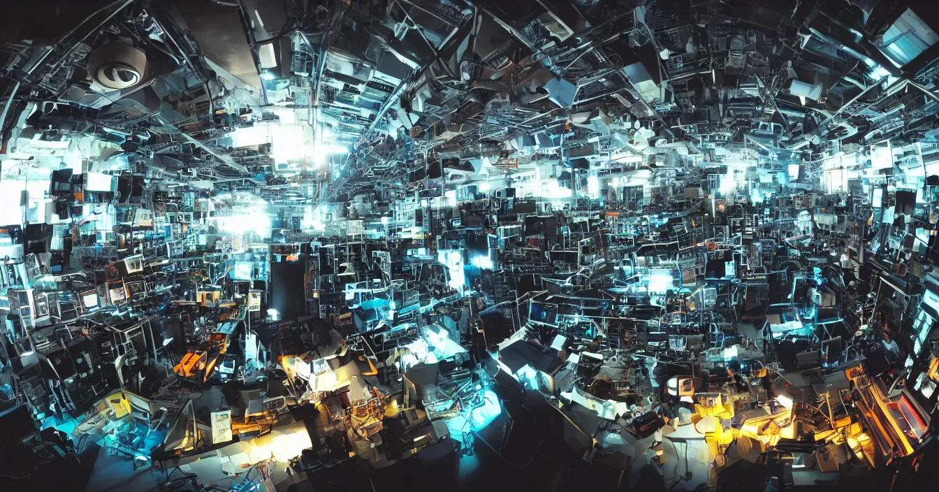 Prompt: Realistic wide photo of a room interior of hardware Engineer and scientist from future, full of various electronic hardware components, devices and instruments, incredible sharp details, light contrast, dramatic dark atmosphere, bright vivid colours, reclections, metal speculars, Digital Domain, ILM, journalistic photography