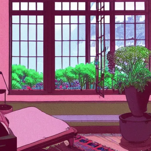 Prompt: Very detailed photoillustration of a meditative room in the warm morning sunlight with windows showing a beautiful garden, studio Ghibli, Wes Anderson