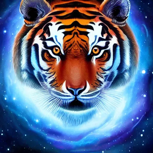 Image similar to geometric symmetrical tiger with galaxy eyes in space, nebula in the background, intricate, elegant, highly detailed, digital painting, artstation, concept art, smooth, sharp focus, illustration, art by artgerm