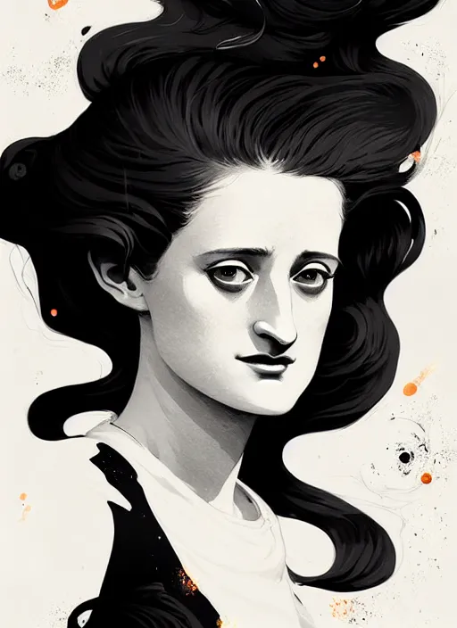 Image similar to highly detailed closeup portrait of beautiful grace gummer as dom dipierro, wavy ginger hair, black dress, by atey ghailan, by greg rutkowski, by greg tocchini, by james gilleard, by joe fenton, by kaethe butcher, gradient orange, black and white color scheme, grunge aesthetic!!! ( ( graffiti tag wall background ) )