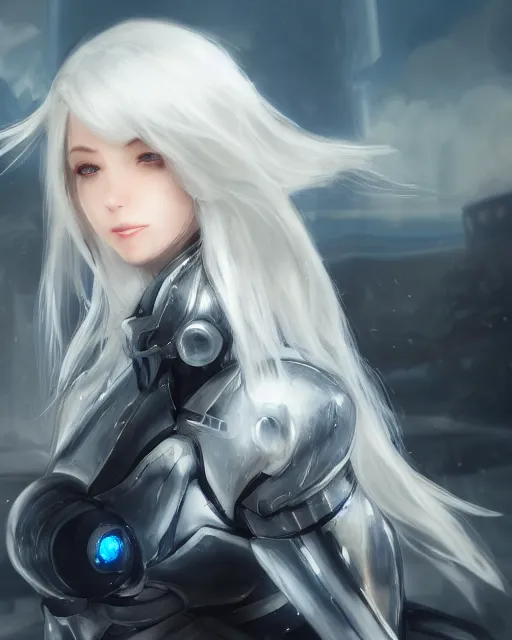 Image similar to perfect white haired girl, warframe armor, beautiful, dreamy, pretty face, blue eyes, portrait, detailed, windy weather, scifi, utopian architecture in the background, laboratory, 4 k, ultra realistic, aura of light, cinematic, high detail, masterpiece, art by akihito tsukushi, akasuki brightmind