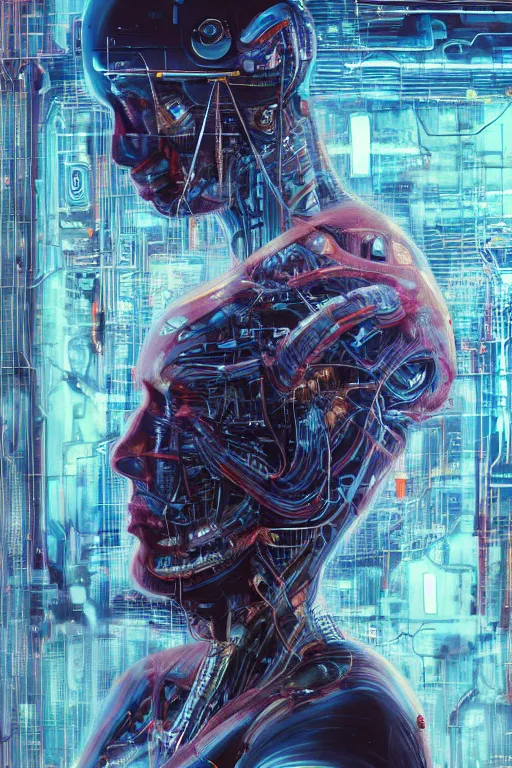 Prompt: portrait of computer & circuits, melting, elon musk, 8 k, by tristan eaton, stanley artgermm, tom bagshaw, greg rutkowski, carne griffiths, ayami kojima, beksinski, giger, trending on deviantart, face enhance, hyper detailed, minimalist, cybernetic, android, blade runner, full of colour, super detailed