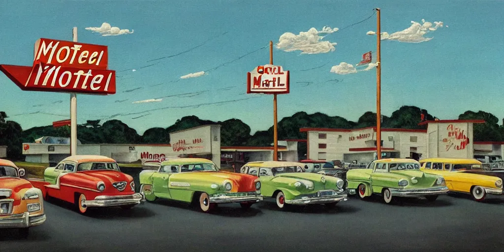 Prompt: 1 9 5 0 s americana painting of a motel and motel sign with cars parked outside by norman rockwell