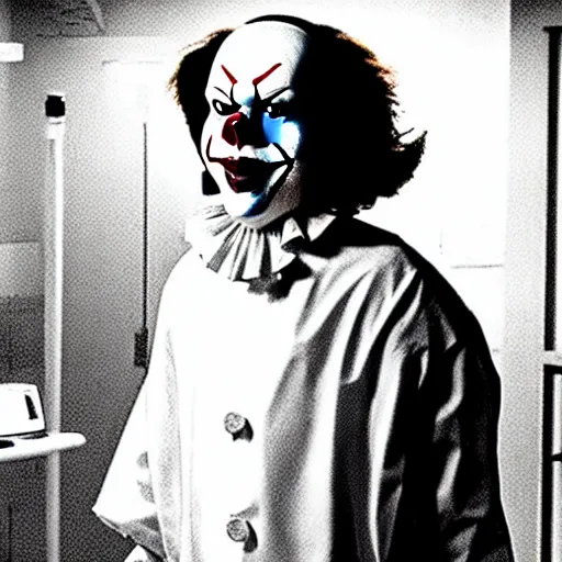 Image similar to a full body photograph of pennywise using a lab coat at a hospital