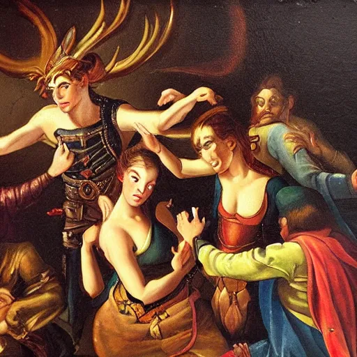 Image similar to baroque oil painting of an elven bar fight