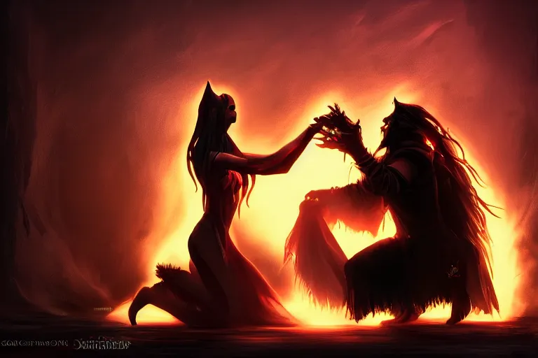 Image similar to the silhouette of the dark sorceress as she bestows her magic upon her disciple, which is kneeling in front of her, concept art, trending on artstation HD, glowing magic,