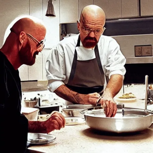 Image similar to walter white and jesus cooking together in a restaurant