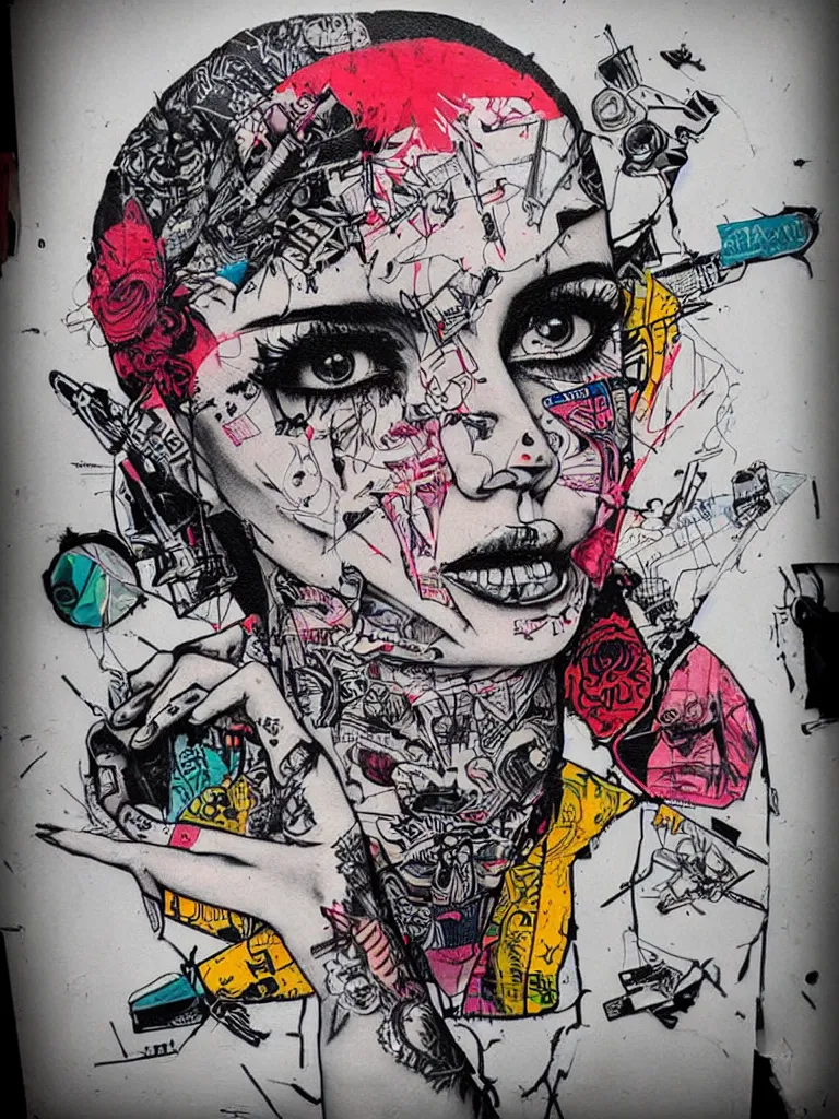 Prompt: a multilayered mixed media street art bursting with nostalgic pop culture references, punk symbols and tattoo designs, sharp details, art by stikki peaches