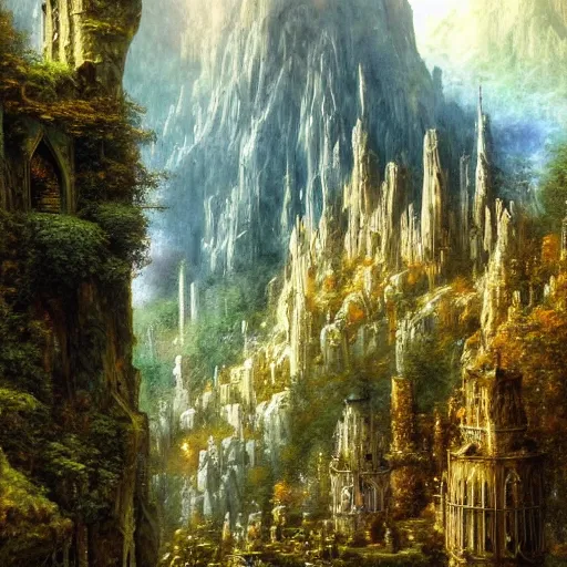 Image similar to a beautiful and highly detailed epic oil painting of an elven city in the mountains, lush valley, beautiful trees, ancient stone runes, intricate details, epic scale, insanely complex, 8 k, sharp focus, hyperrealism, fantasy landscape, psychedelic, by caspar friedrich, brian froud, albert bierstadt,