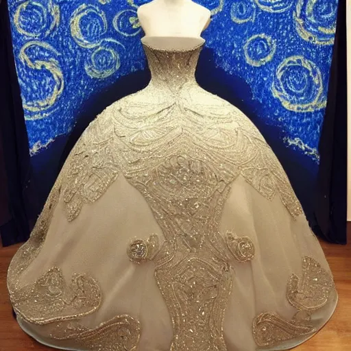 Image similar to Stunning a magnificent and intricate ball gown inspired by Van Gogh's Starry Night. Studio lighting