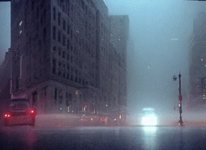 Prompt: film footage of giant michael j. fox in a foggy city, eerie, monster movie, 8 k, 8 5 mm