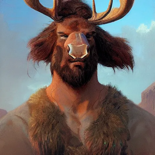 Prompt: hairy barbarian with moose head by greg rutkowski by tim hildebrandt