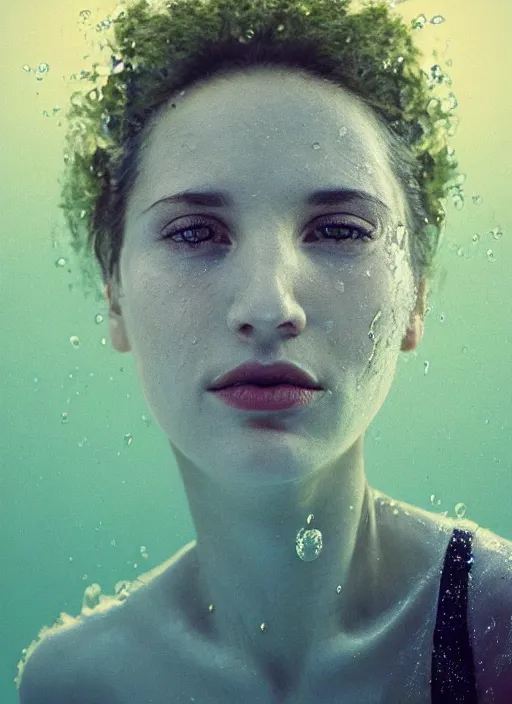 Image similar to A beautiful closeup portrait of a woman fully submerged ecxept of the top of his head, excited look in her eyes, water reflection, in style of frontiers in a spring water fall surrounded by greenery, highly detailed, soft lighting, elegant,sigma 85mm, shallow depth of field, Edward Hopper and James Gilleard, Zdzislaw Beksinski, Steven Outram, highly detailed