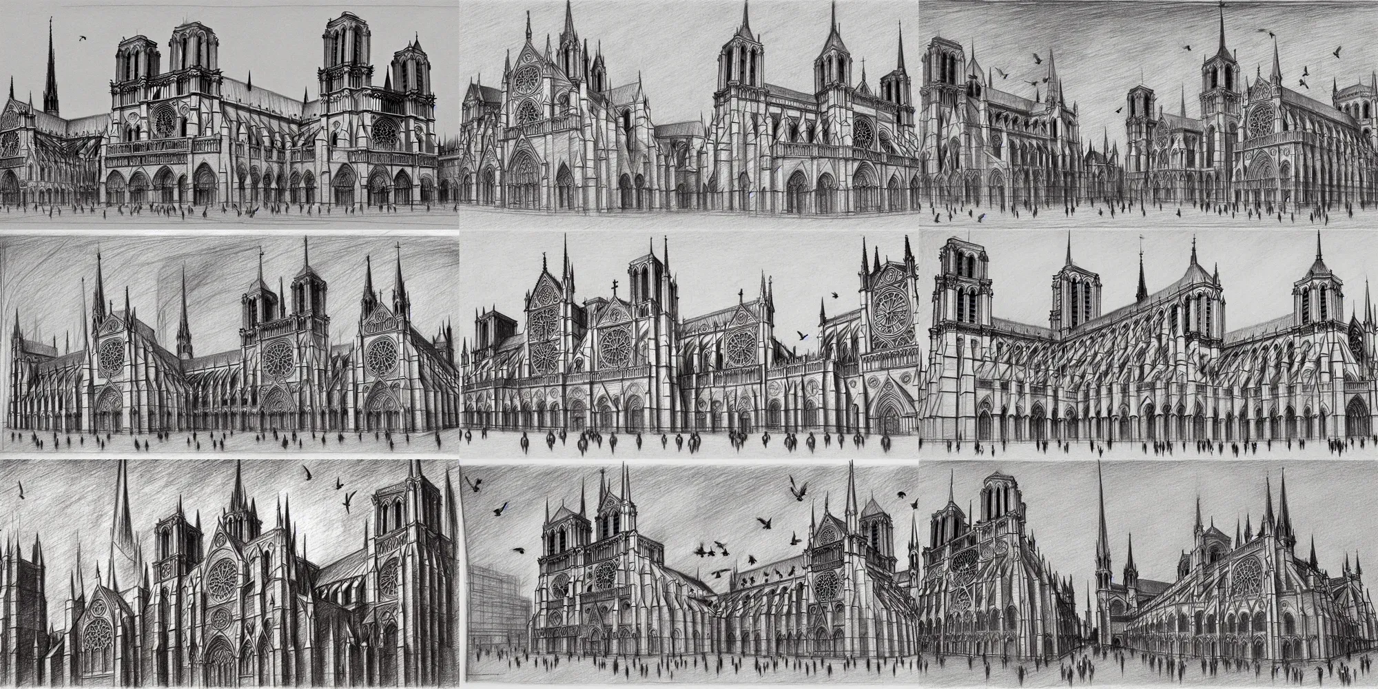 Prompt: notre dame on fire, 3 point perspective, architecture pencil sketch by leonardo da vinci featuring pigeons fleeing the scene, birds eye
