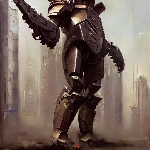 Image similar to Greg Manchess painting of a giant humanoid armour warhead juggernaut cyborg, medium shot, low angle, full body, asymmetrical, cyberpunk art, Organic Painting, storm day, Matte Painting, bold shapes, hard edges, street art, trending on artstation, by Huang Guangjian and Gil Elvgren and Sachin Teng