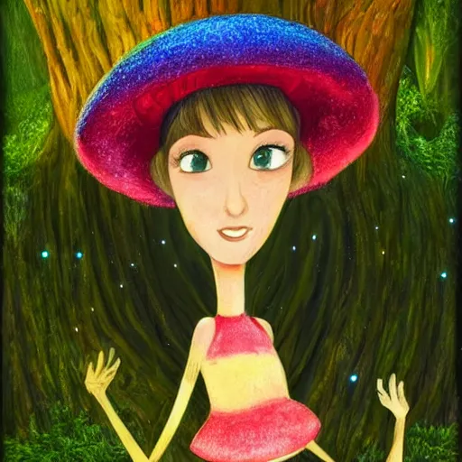 Prompt: Portrait of a thin girl in full height, elegant pose, a huge toadstool hat on her head, large eyes without a pupil ,he girl is standing on the edge of the forest, surrounded by colorful sparkling moss