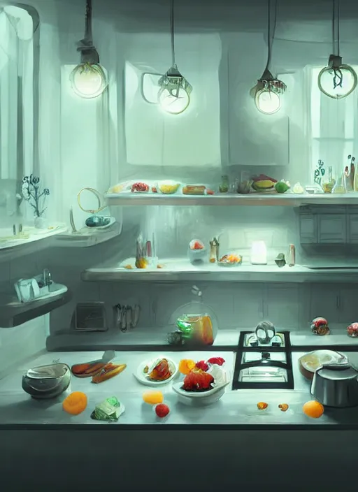 Image similar to high depth, collective civilization kitchen, calm, healing, resting, life, hybrids, scifi, soft white glowing lights, published concept art, art in the style of all and none and everything and infinity, clowdy day