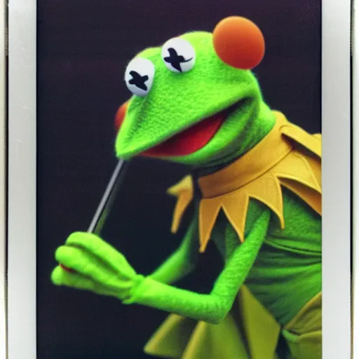 Prompt: Kermit the frog dressed as a Jedi, with green lightsaber, polaroid photo, instax, white frame, by Warhol,