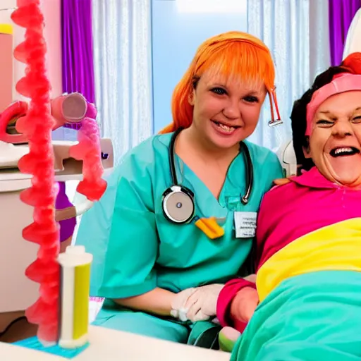 Image similar to photo of a happy patient and nurse in a hospital room made out of soft candy, candy equipment, candy hospital room, candy treatments, oompa loompa virus, willy wonka pandemic