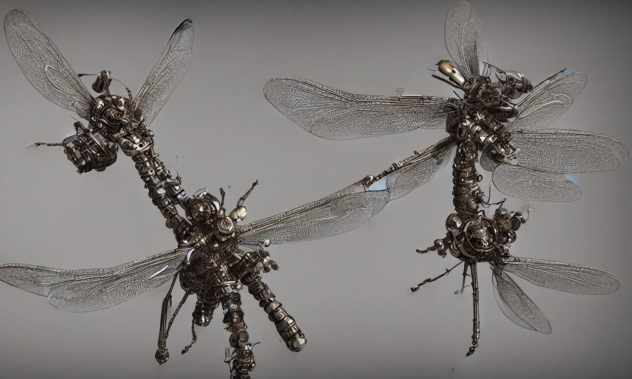 Image similar to mechanical diagram of a single Mechanical dragonfly, photorealistic, elaborate, highly detailed, ornate, shiny, octane render, style by Richard Estes,