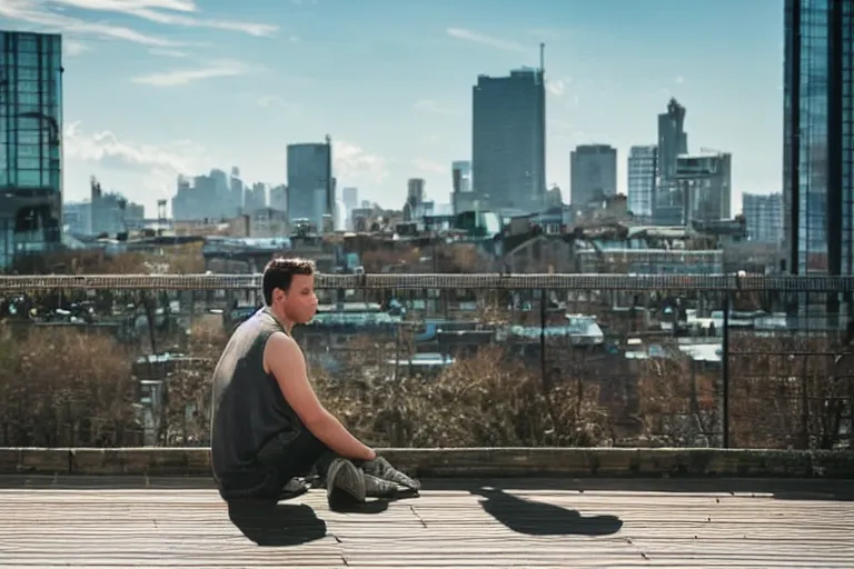 Prompt: A man sitting on a footbridge, city in the background