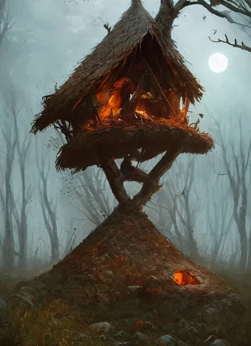 Image similar to a witch hut standing on chicken legs, greg rutkowski, zabrocki, karlkka, jayison devadas, trending on artstation, 8 k, ultra wide angle, zenith view, pincushion lens effect