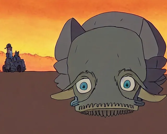 Image similar to a cell shaded cartoon grey lovecraftian mechanic wolf from howl's moving castle ( 2 0 0 4 ), with a big head, on a desert road, wide shot, studio ghibli, hq