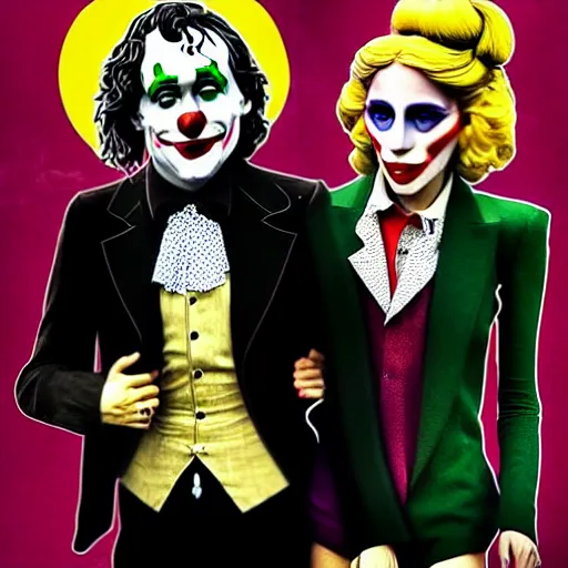 Image similar to ilya yefimovich repin and mimmo rottela and banksy as joaquin phoenix skinny joker, holding hand, lady gaga harley queen, ultra photorealistic, intricate details, pop art style, concept art, confident posse, perfect models anatomy, justify content center, 2 colours, warm color, 4 k, ultra smooth, sharp focus