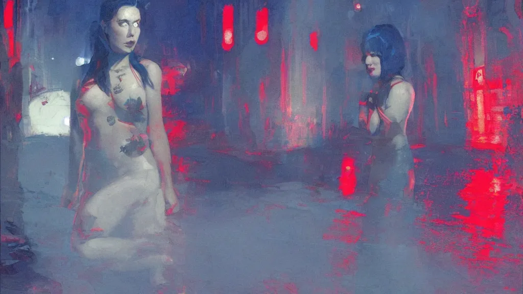 Prompt: portrait of rebekah delrio in mulholland drive, blue and red lights painted by craig mullins