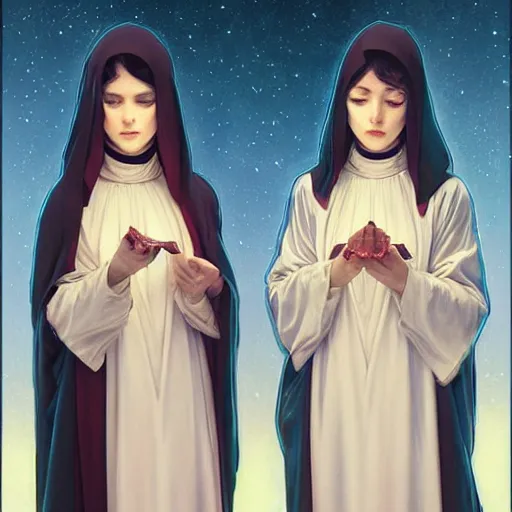 Image similar to two beautiful identical nuns under night sky, intricate, elegant, highly detailed, digital painting, artstation, concept art, smooth, sharp focus, illustration, art by artgerm and greg rutkowski and alphonse mucha, detailed anime art