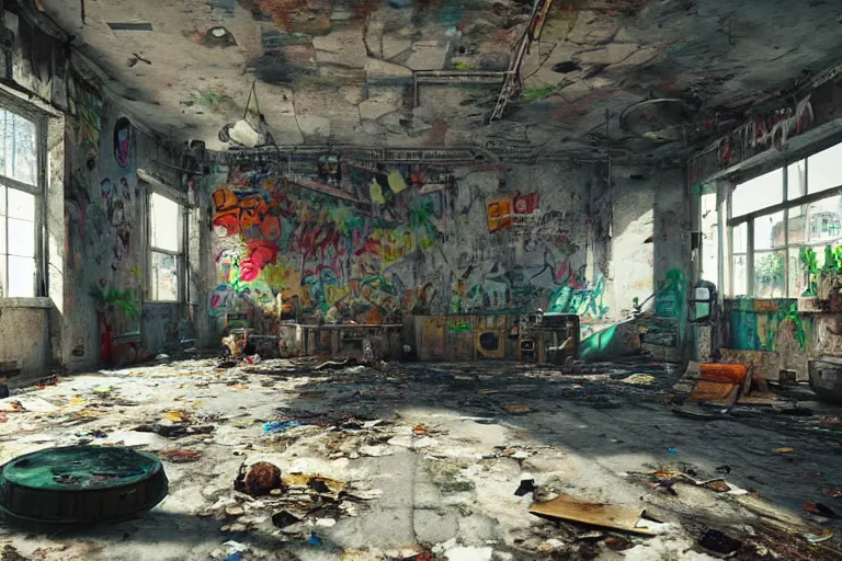 Image similar to perspective shot of a grungy derelict georgian manor interior with colourful graffiti on the walls and garbage scattered on the floor, reclaimed by nature in the style of last of us, trending on cgsociety, high detail, cinematic lighting, 8k, rendered in unreal engine