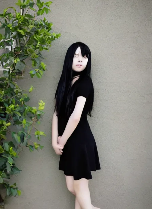 Image similar to a 1 4 year old girl with straight long black hair wearing black dress