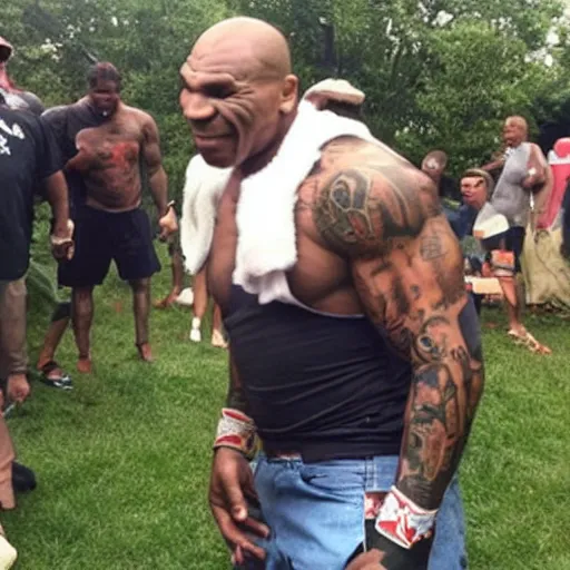 Prompt: mike tyson a white man at a ghetto cookout party