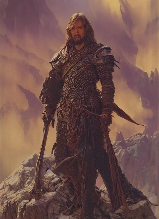 Image similar to a hyperrealistic and detailed paintbrush portrait of a male fantasy character, art by donato giancola and bayard wu and gustav moreau and wayne barlowe, rpg portrait, conan, krull, 8 0's fantasy movies