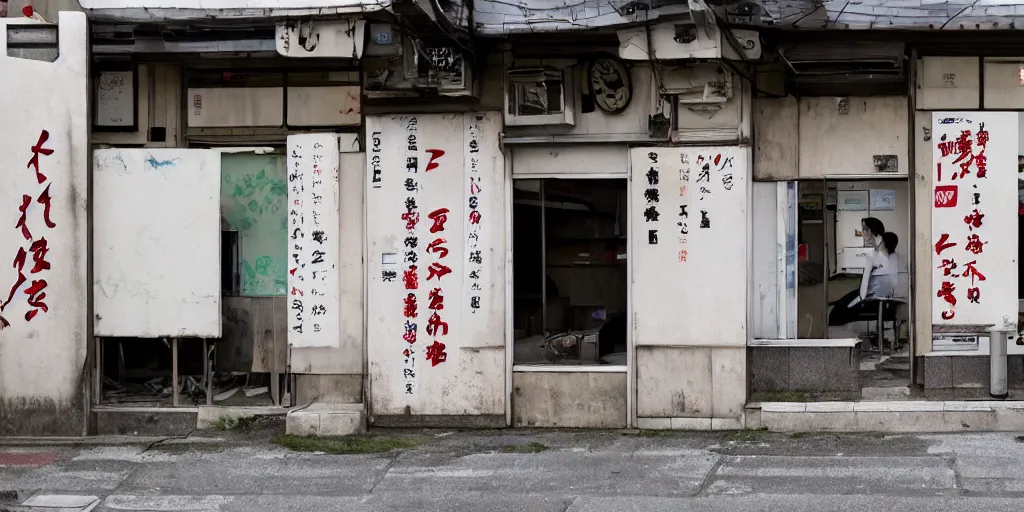 Image similar to an exterior of an abandoned internet cafe in japan, with the japanese sign and art of people playing computers