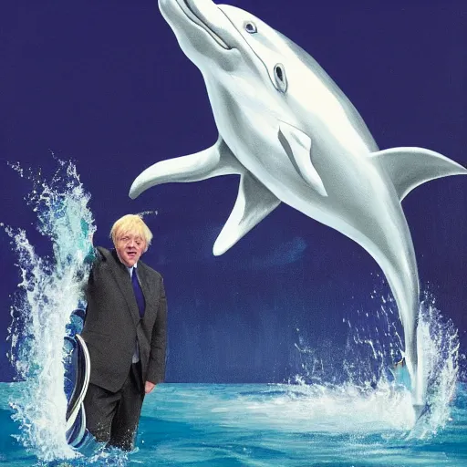 Image similar to boris johnson riding a dolphin, painting