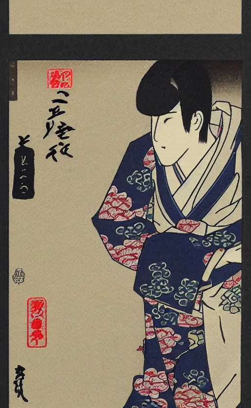 Image similar to by akio watanabe, manga art, male calligrapher running outside house door, kyoto, kimono, trading card front