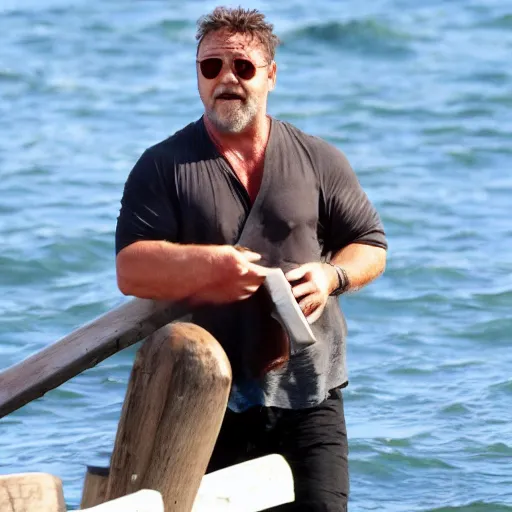 Image similar to Russell Crowe buffed on a little steamboat discovering new countries