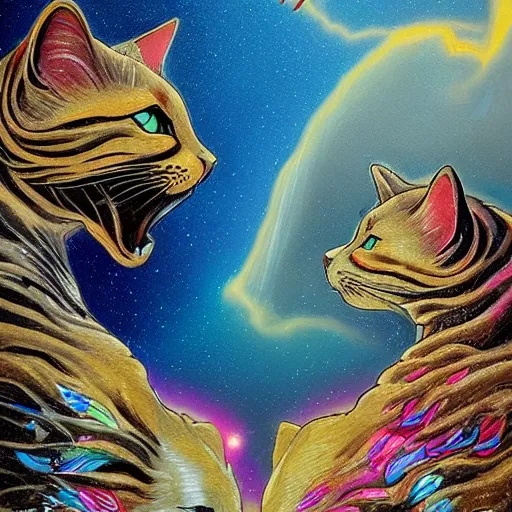 Prompt: two cats is sitting on the roof and looking at the bay, waterfall and fight of godzillas, oil painting, high detailed, ornate galactic gold, intricate, ornate, gothic, colorful, vibrant, smooth, moody, ominous, dangerous aura, microchips, crystallic, iridescent, lasers, gems, multicolored glints, precious elements, beautiful, detailed, concept art, render, unreal engine, 4K, artstation