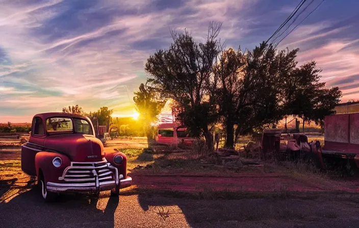 Image similar to A sunset light landscape with historical route66, lots of sparkling details and sun ray’s, blinding backlight, smoke, volumetric lighting, colorful, octane, 35 mm, abandoned gas station, old rusty pickup-truck, beautiful epic colored reflections, very colorful heavenly, softlight