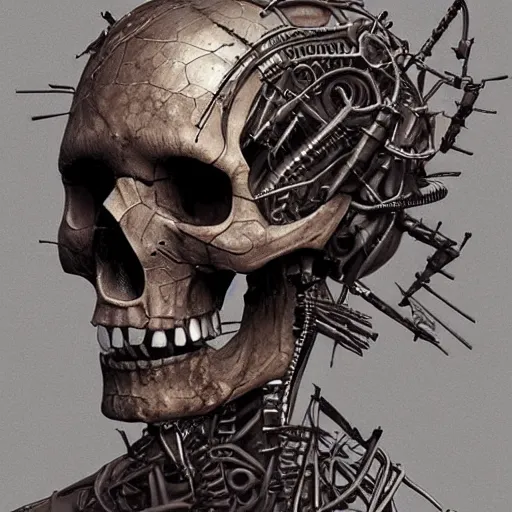 Prompt: artsy robot skull head and torso, being built piece by piece, photorealistic, highly detailed, hellfire background, artstation, hyper detailed, sharp focus, art by michael whelan, artgerm, greg rutkowski and luis royo, intricate details, 4 k, unreal engine