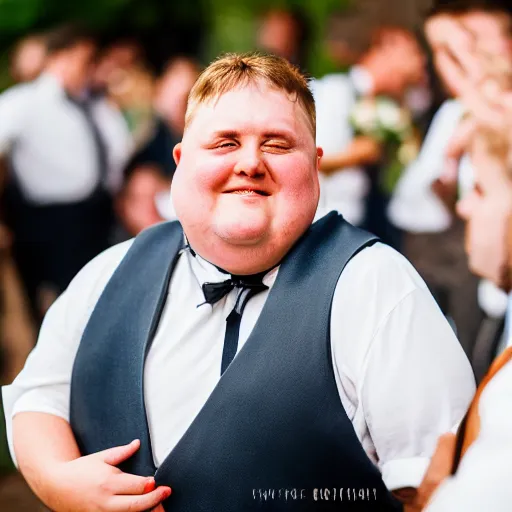 Image similar to An obese german in Lederhosen at a wedding, EOS-1D, f/1.4, ISO 200, 1/160s, 8K, RAW, unedited, symmetrical balance, in-frame