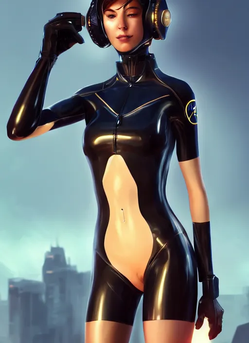 Prompt: Digital portrait of a female mech pilot in a black latex bodysuit, by Charlie Bowater, Ross Tran, WLOP, concept art, Artstation, bokeh background, complementary rim lighting, posing, no helmet